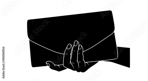 A hand holding a black envelope on a with a simple design