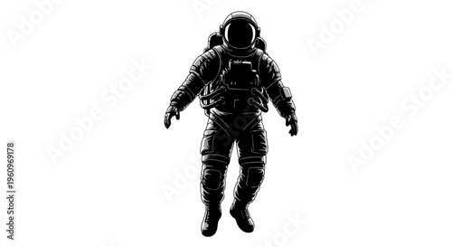 Black and white astronaut floating in space with helmet and backpack