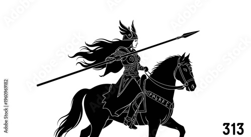 A female warrior rides a horse while holding a long spear in her hand