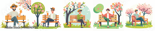 vector of a man sitting on a park bench drinking orange juice in spring