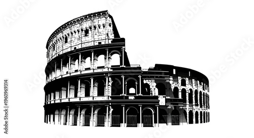 Black and white illustration of the colosseum in rome