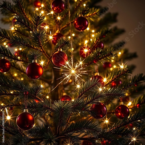 Sparkling tree adorned with baubles and twinkling lights, promising joy and the magic of the season,  sparkling,  lights