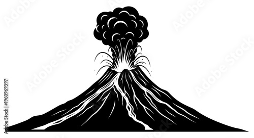 Black and white illustration of a volcano erupting with smoke and lava flowing down