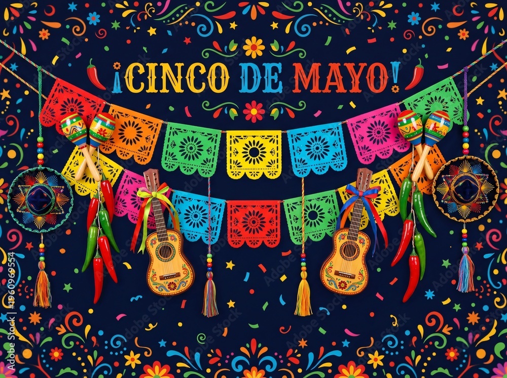 Fototapeta premium Colorful festive decorations for the Cinco de Mayo celebration, featuring vibrant banners, guitars, and maracas, with a dark background