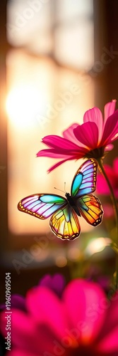 Sun-kissed cosmos blooms bathed in golden light, a butterfly's iridescent wings a blur of vibrant hues, bokeh dreamscape,  beauty,  spring