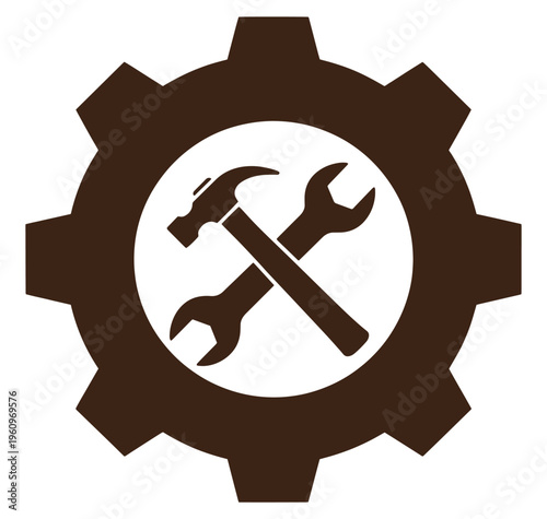Brown gear icon with crossed hammer and wrench tools inside a circle