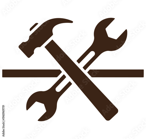 Brown hammer and wrench tools crossed over a plank on white background