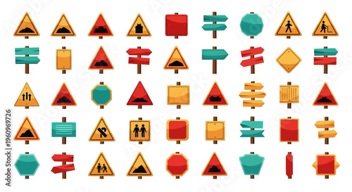 Illustrated set of diverse traffic and road signs, covering warnings, directions, and informational symbols for safe navigation.
