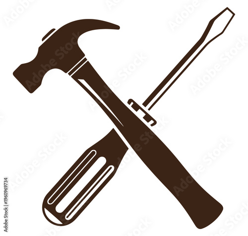 Brown hammer and screwdriver crossed over each other on white background