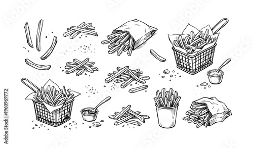 Hand-drawn french fries in baskets and cups with dipping sauces