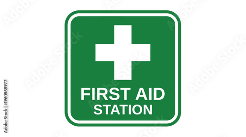 First aid station sign with white cross for medical assistance