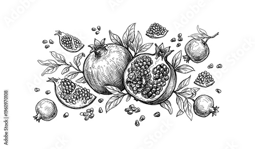 Hand-drawn pomegranate illustration with seeds and leaves in black and white