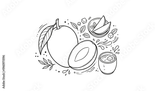 Black and white mango illustration with slices, leaves, and beverage