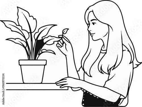 Woman carefully tending to a potted plant, examining a delicate leaf
