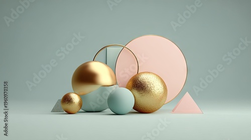 Composition of various polished and matte three dimensional geometric shapes set against a muted background