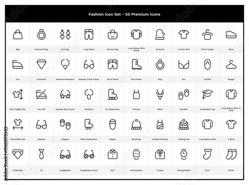 Clothes & Accessories Icon Set. 50 Fashion Black Outline Icons. Pants, Bag, Bikini, Jewelry, Shirt, Sock, Skullcap, Earrings, Ring, Necklace, Boot, Sandal, Glasses, Sunglasses, Tie, Watch, Tanktop