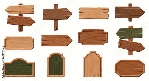 Set of diverse rustic wooden signs and arrow-shaped signboards with natural textures, a versatile graphic collection
