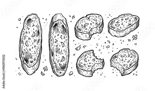 Hand-drawn bread slices and loaves with crumbs in detailed sketch style illustration