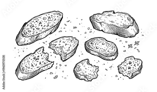 Hand-drawn bread slices with crumbs on white background