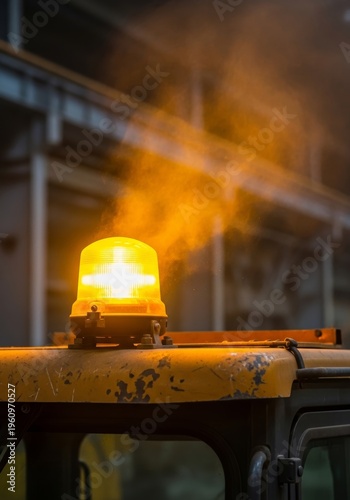 Yellow beacon light flashing on top of industrial machinery. Warning signal lamp on construction equipment. Alert indicator for work site safety and heavy duty vehicle operation.