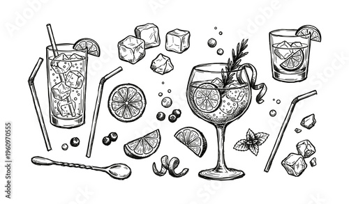 Hand-drawn cocktail glasses and ingredients with lemons and ice cubes