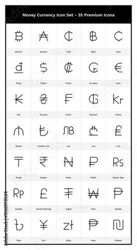 Currency & Money Symbol Icon Set. 35 Black Outline Icons. Dollar, Bitcoin, Lira, Cedi, Zloty, Rupee, Yen, Euro, Pound Sterling, Won, Austral, Tenge, Lari, Manat, Rubel, Naira, Taka, Cruzeiro
