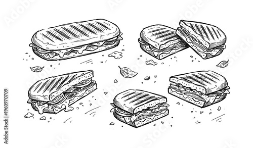 Hand-drawn panini and sandwich doodles with lettuce and cheese