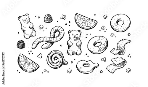 Hand-drawn assorted sweets with gummies, donuts, and fruit slices