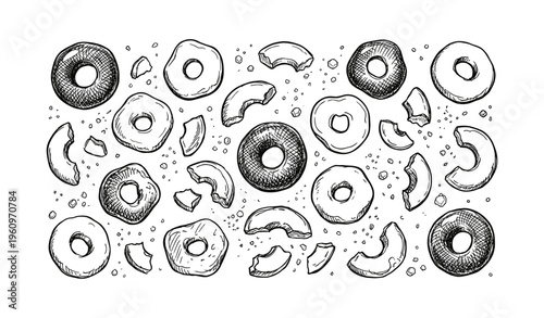 Hand-drawn donut pattern with whole and broken donuts on white background