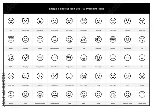 Emojis & Smileys Icon Set. 50 Reaction Outline Icons. Grin, Happy, Sad, Tired, Drooling, Angry, Sob, Poo, Mad, Rage, Happy, Laugh, ROFL, LOL, Disappointed,  Crying, Puke, Nauseated, Drooling, Hungry