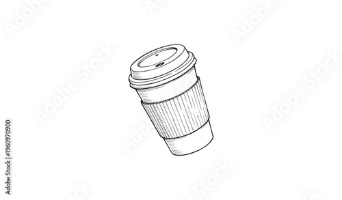 Hand-drawn coffee cup sketch with lid and sleeve in black and white