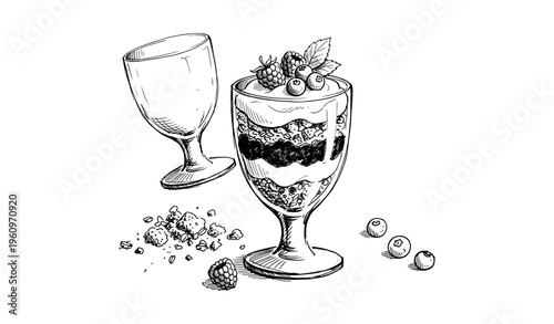 Hand-drawn dessert glass with fruits and granola