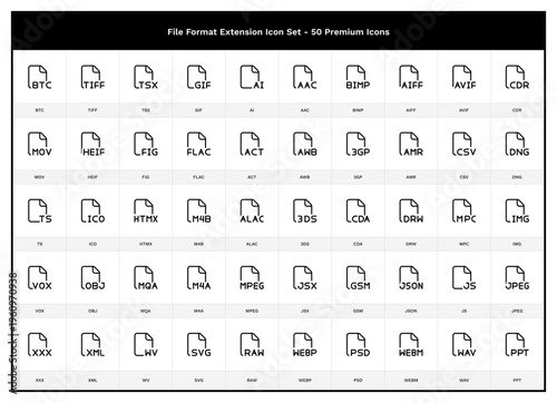 File Format & Extension Icon Set. Document 50 Outline Icons. GIF, MQA, PPT, Video, Audio, Image, 3D, BTC, FLAC, RAW, SVG