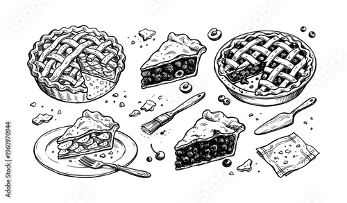 Hand-drawn sketch of various pies with slices and baking utensils