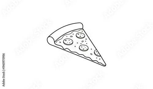 Black and white pizza slice drawing with pepperoni and cheese outline