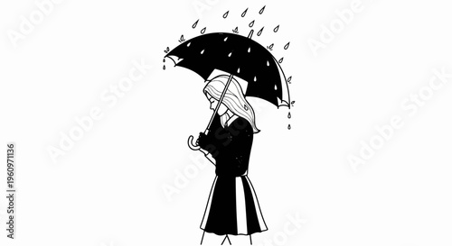 Woman holding umbrella in the rain, with leaves and water drops