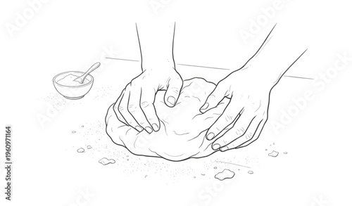 Hands kneading dough sketch with flour and bowl on table