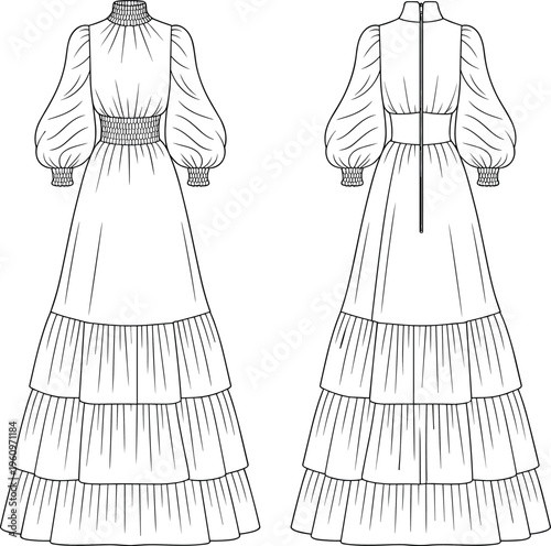 Tiered smocked maxi dress flat vector, front and back technical illustration