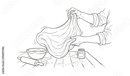 Male making dough by hand in kitchen: rolling pin, bowl, and ingredient jar visible
