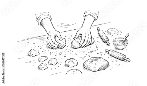 Baking process with hands kneading dough and baking tools on table