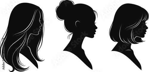 Set of female profile silhouettes with different hairstyles long hair bun and bob cut isolated on light background minimal flat vector illustration