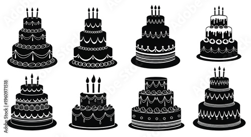 A set of black and white illustrations of multi-tiered birthday cakes with candles.