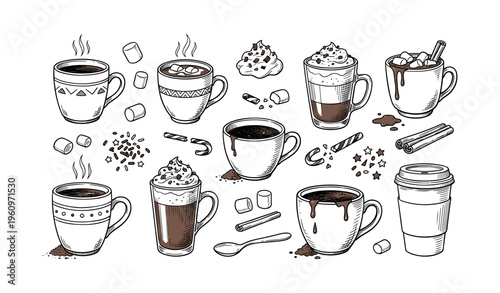 Assorted hot chocolate and coffee cup collection with marshmallows and toppings