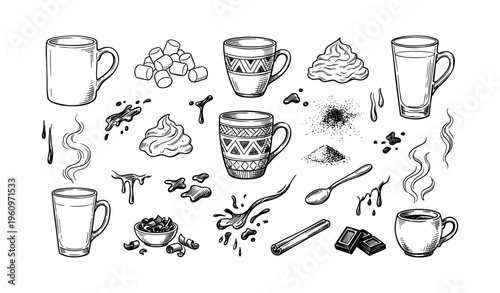Hand-drawn coffee and hot chocolate elements with mugs and ingredients