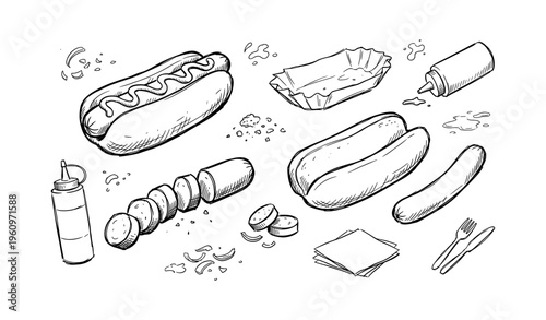 Hot dog ingredients and assembly: sausage, buns, and condiments in black and white sketch