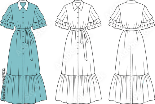 Teal ruffle sleeve maxi dress flat vector, front and back illustration