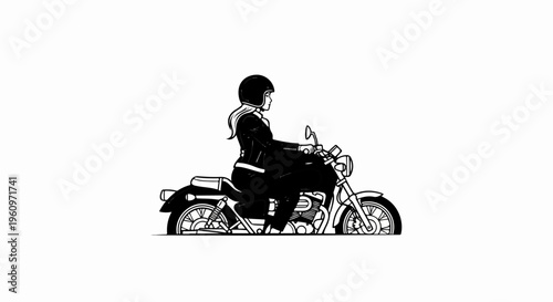 Woman in leather jacket and helmet rides a classic motorcycle