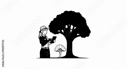 Woman in hat inspects tree with tablet near smaller sapling