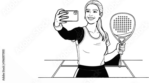 Woman on sports court taking selfie with paddle racket