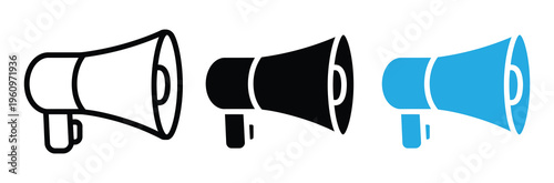 Vector illustration of three megaphone icons in white, Black, And blue for announcements and communication